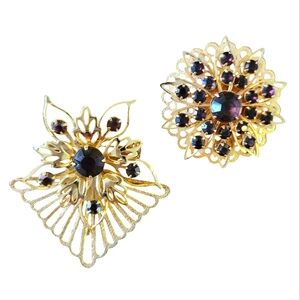 Vintage Gold Tone Purple Rhinestone Brooches (2)